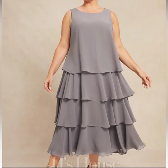 JJ’s House A-line Scoop Tea-Length Chiffon Mother of the Bride Cascading Ruffles - Picture 3 of 10